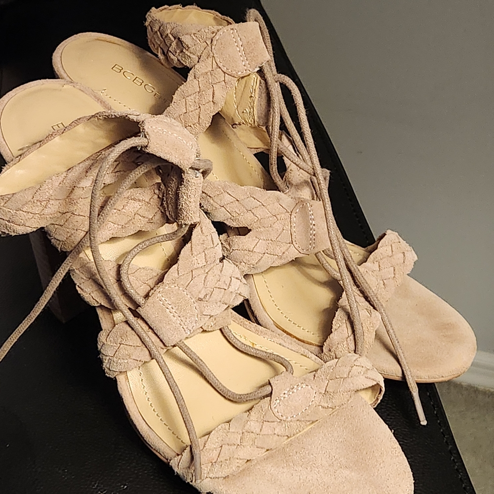 BCBG Blush Braided Suede Lace-Up Block Heel Sandals